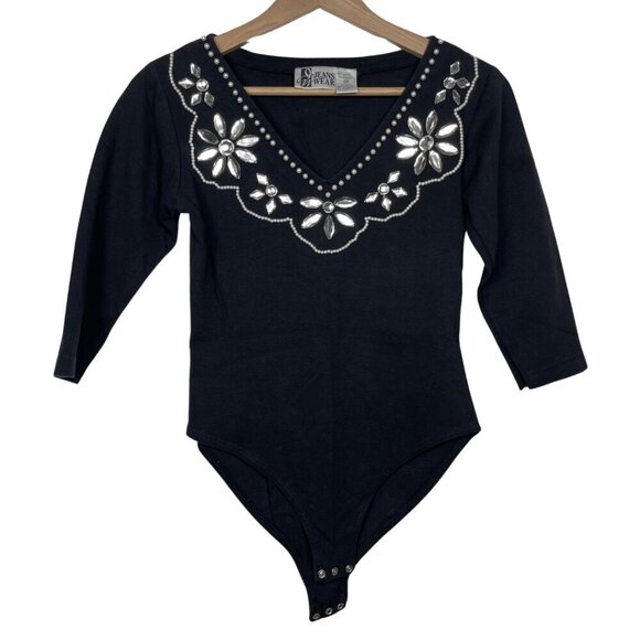 Jeanswear Tops - Vintage 80s Glam Rhinestone & Pearl Beaded Bodysuit - Size Medium